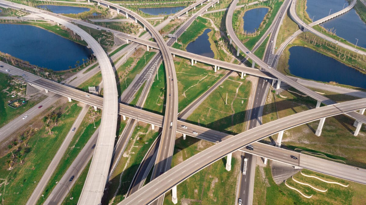 US Roads and Highways. I75 Interstate and I595 Highway in Broward County, Florida USA. Aerial, drone view.