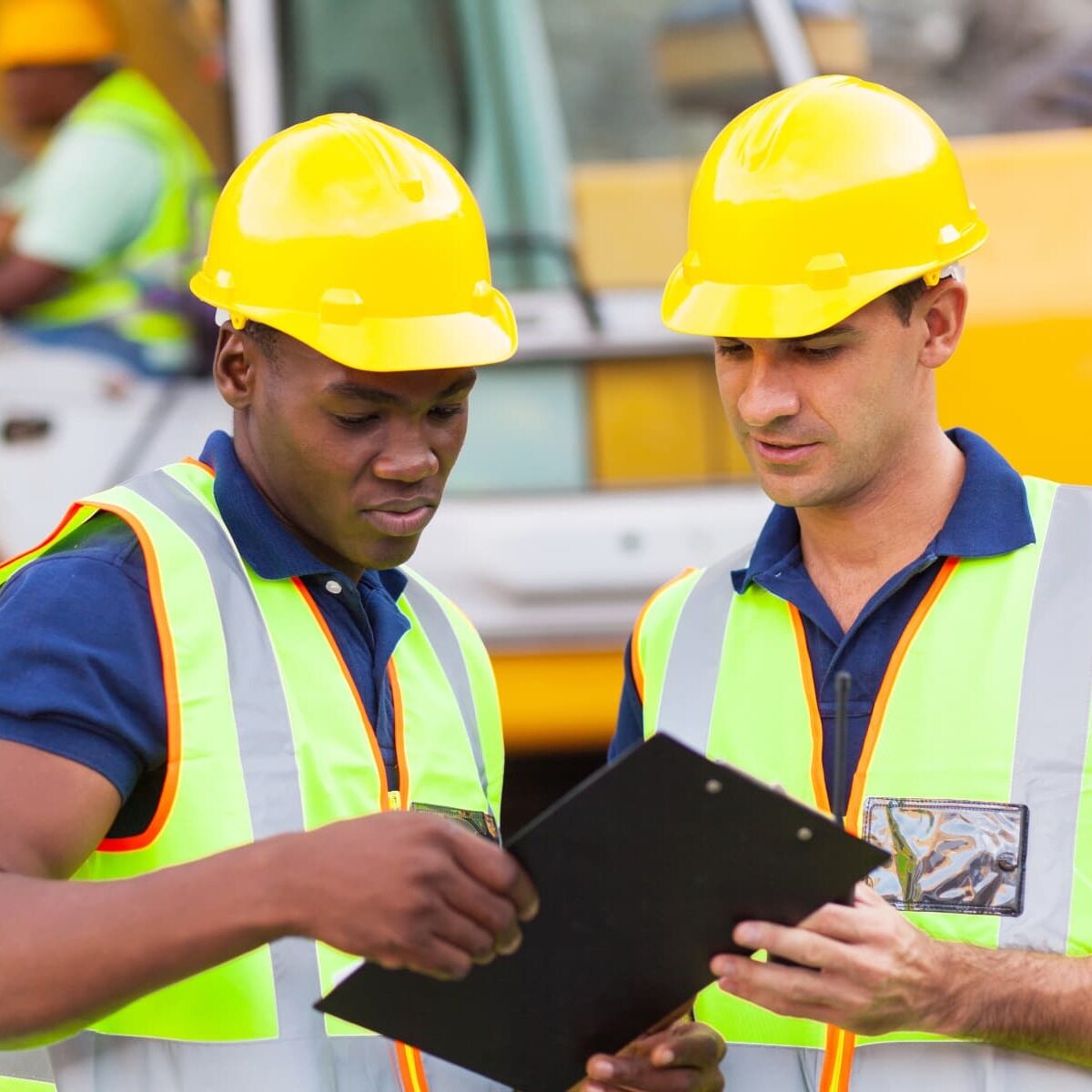Two Men Hardshats Construction Site ClipBoard