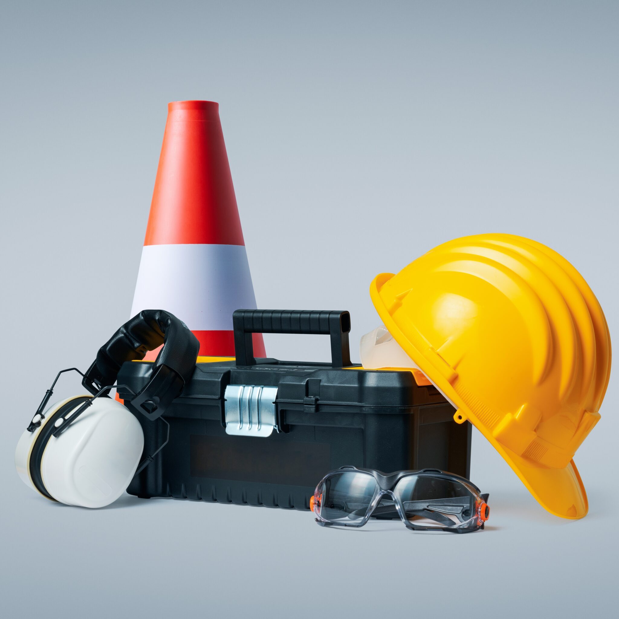 Construction,Worker,Tools,And,Safety,Equipment:,Toolbox,,Hard,Hat,,Ear